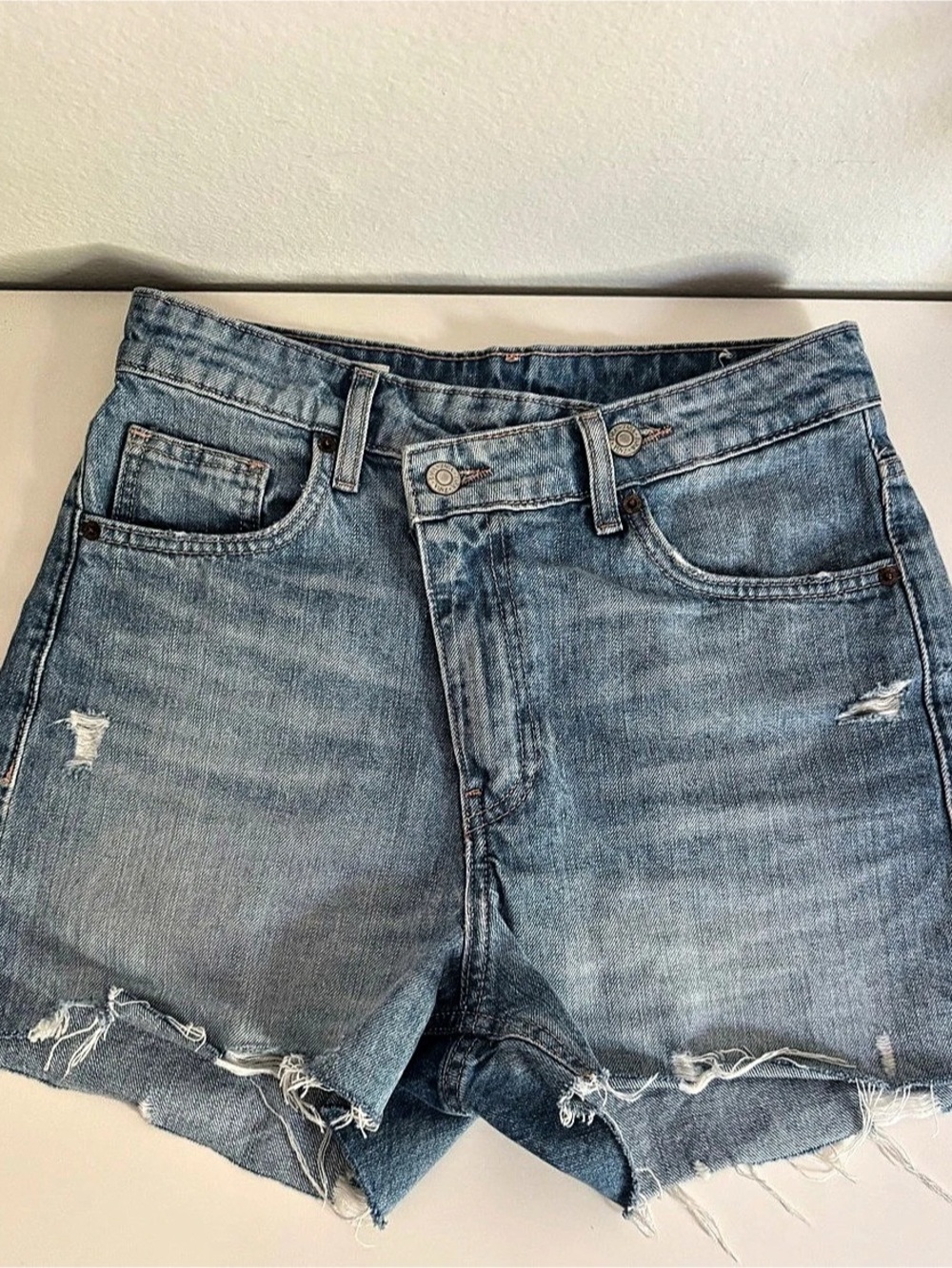 Zara Asymmetric Waistband Denim Shorts Blue Waist 26